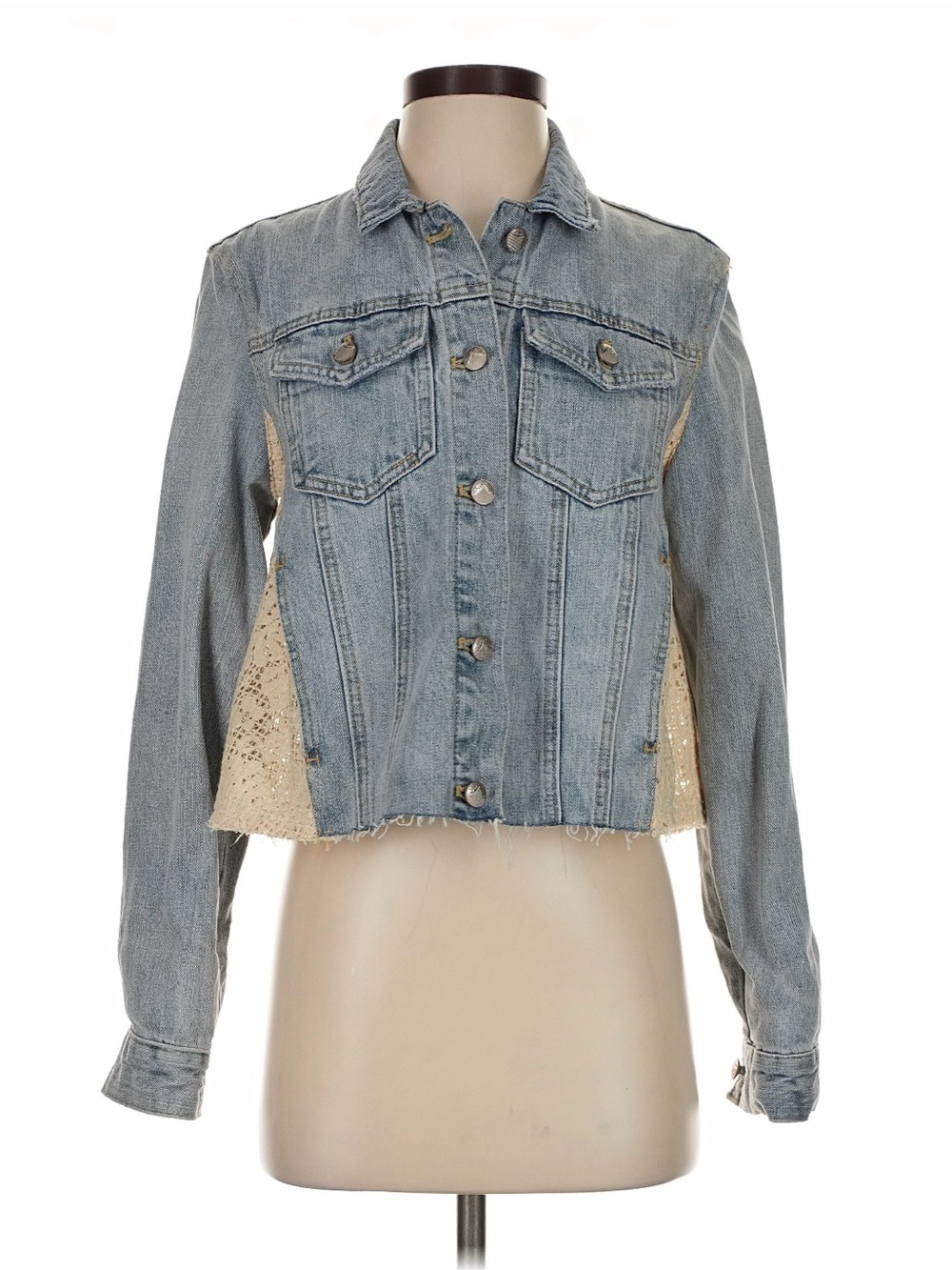 Free People Light Wash Denim Jacket with Lace Side Panels NWT